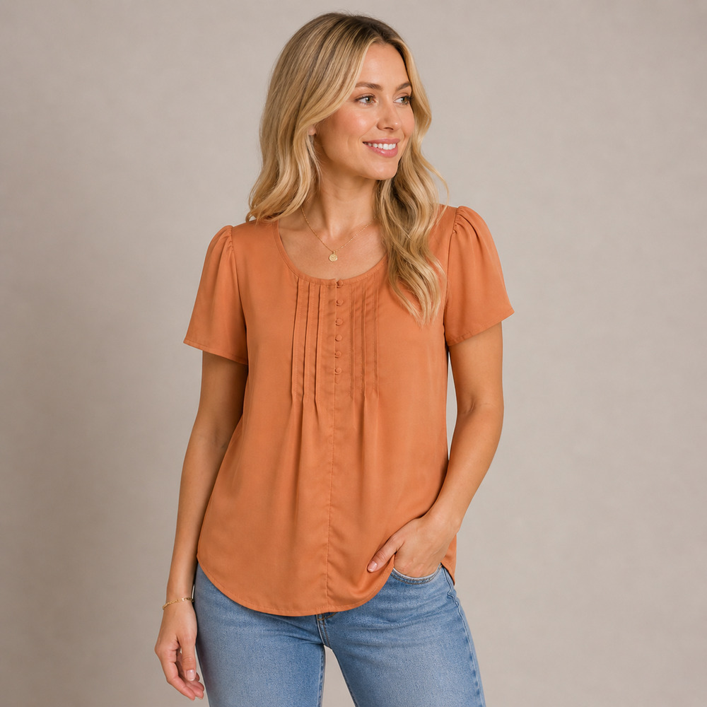Modcloth Lucky Pintucks Women's Medium Blouse Shirt Top Short Sleeve Peach